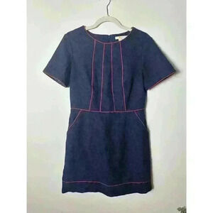 Boden Jane Woven Textured Sheath Dress‎ Size 8 P Navy Blue Red Piping Pockets